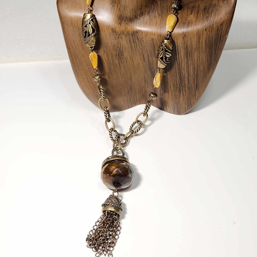 Chico's Statement Acorn Pendant Necklace Chunky Boho Glass Bead Tassel Gold Tone
